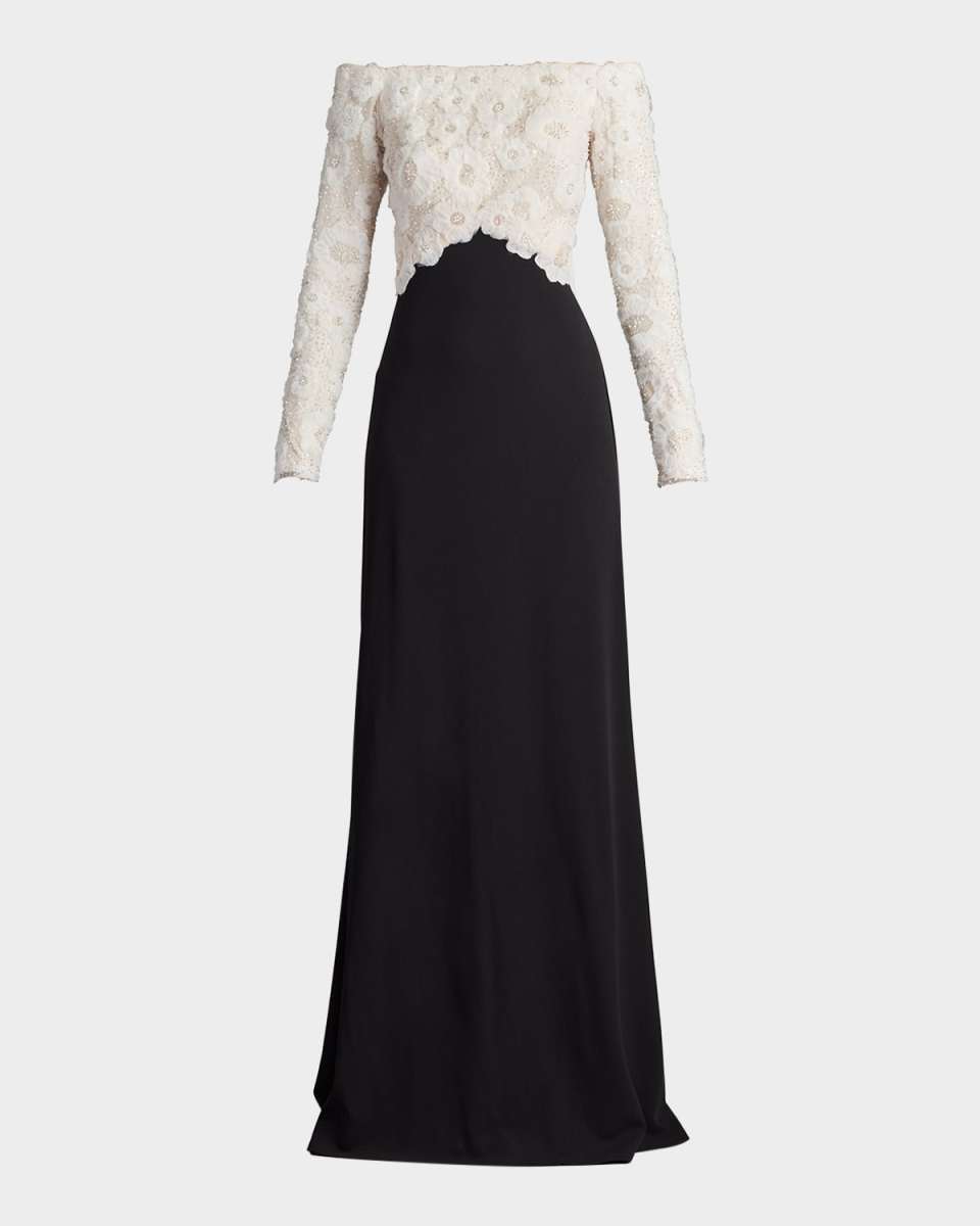 Off-Shoulder Beaded Floral Applique Gown
